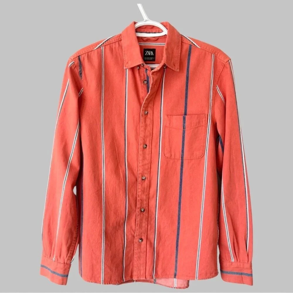 Mens Zara Denim Orange Stripe Button Down Shirt